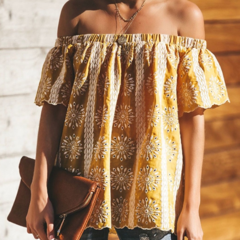 Yellow & White Embroidered Off the Shoulder Top